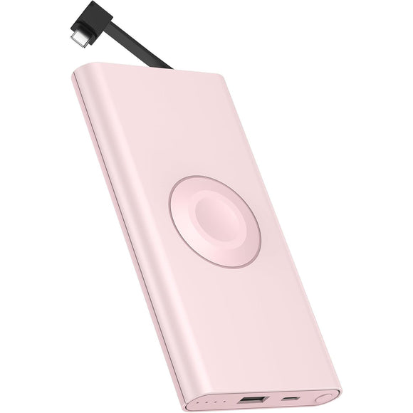 Portable Charger with Built in Cable USB C Type-C for iPhone 15 16 Plus Pro Max Samsung Galaxy S24 S23 S22 S21 S20, 10000mAh Fast Charging Power Bank USB-C Back Up Battery Pack Compatible with iPhone & Apple Watch(iWatch Charger 3 in 1)(Pink）