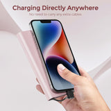 Portable Charger with Built in Cable USB C Type-C for iPhone 15 16 17 Air Plus Pro Max Samsung Galaxy S24 S23 S22 S21 S20, 10000mAh Fast Charging Power Bank USB-C Back Up Battery Pack Compatible with iPhone Samsung and Other Phones(Pink）
