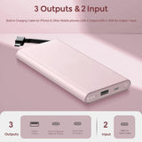 Portable Charger with Built in Cable USB C Type-C for iPhone 15 16 17 Air Plus Pro Max Samsung Galaxy S24 S23 S22 S21 S20, 10000mAh Fast Charging Power Bank USB-C Back Up Battery Pack Compatible with iPhone Samsung and Other Phones(Pink）
