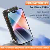 for iPhone 15 Pro Screen Replacement 6.1" COF LCD Sceen & 3D Touch IPS FHD Digitizer Full Assembly with Repair Tools Screen Protector Waterproof Frame Sticker for A2848, A3101, A3102, A3104