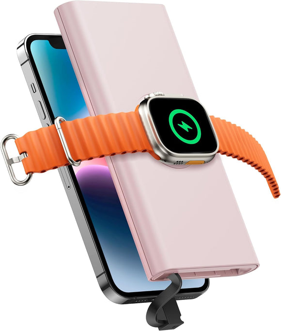 Portable Charger with Built in Cable for iPhone 14/13/12/Pro/Max/Plus, 10000mAh Fast Charging Power Bank USB-C Back Up Battery Pack Compatible with iPhone & Apple Watch(iWatch Charger 3 in 1)(Pink)
