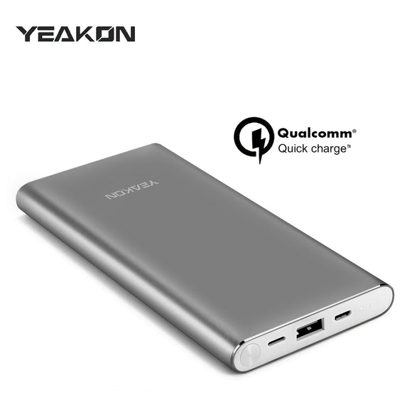 YEAKON High Capacity 10000mAh Quick Charge QC 3.0 Portable Charger Fast Speed Charging Dual Input Thin Power Bank Compatible For iPhone iPad Samsung Galaxy Mobile phone & Android Smartphone Device Space Grey